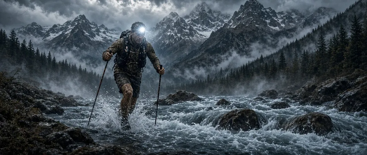 AI-generated image: a runner with a headlamp and poles wading a mountain river in a storm