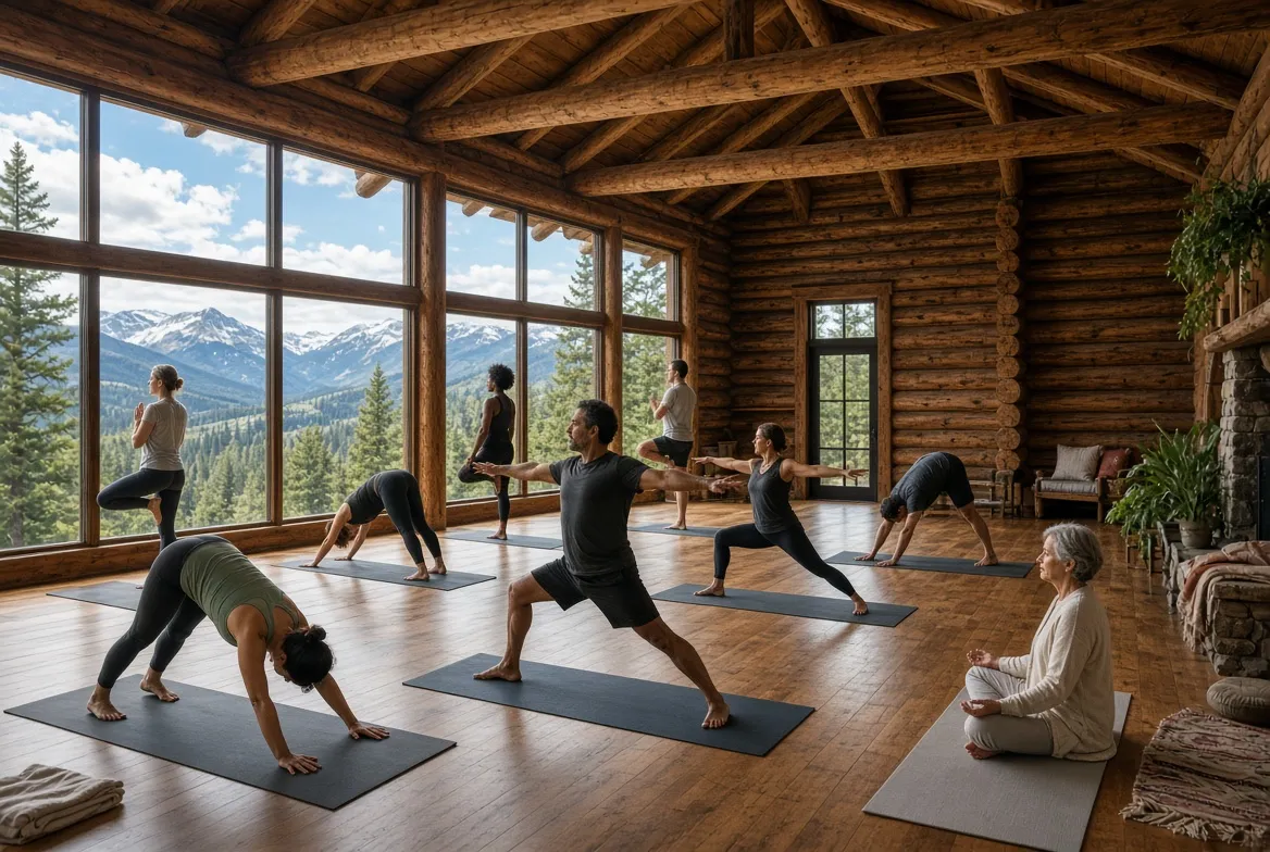 wide AI-generated image: a group doing yoga in a log lodge, mountains through the windows
