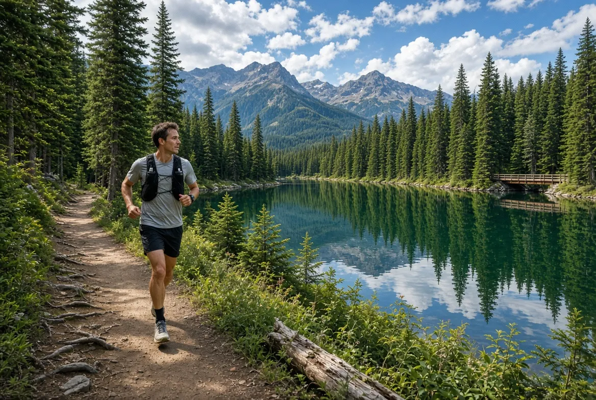 AI-generated image: a trail runner on a lakeside forest trail below mountain peaks