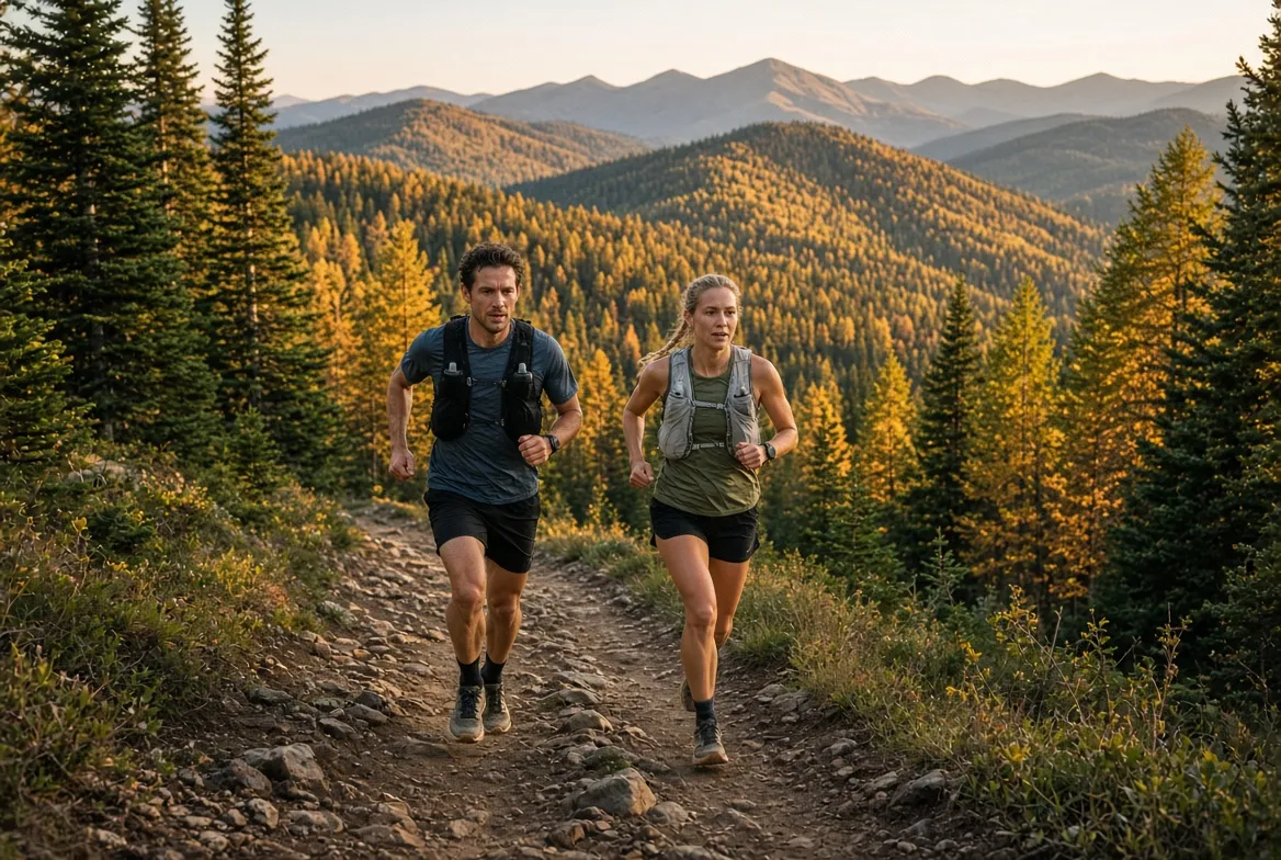 AI-generated image: two trail runners on a forest trail at sunset