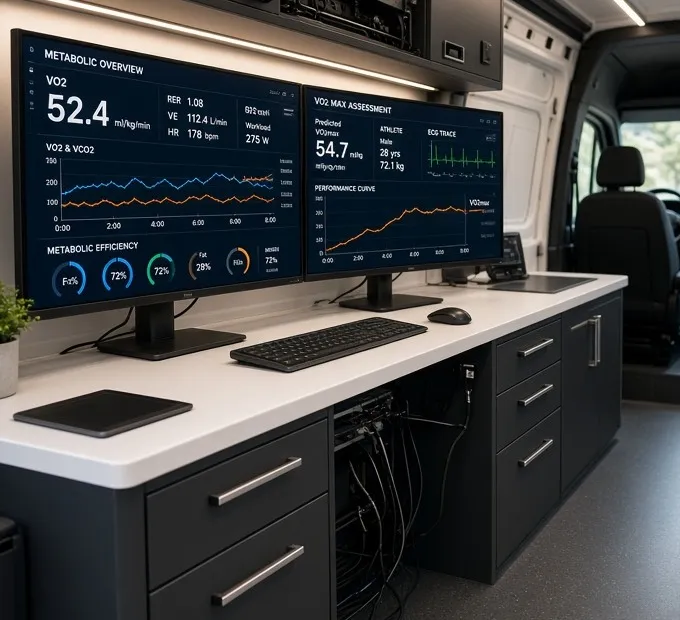 wide The lab desk in the van: two screens, one showing a metabolic overview with oxygen uptake plotted against time, the other a VO2 max assessment with a performance curve and an ECG trace, a keyboard and tablet on the work surface, the cable run open below, and a cab seat beyond